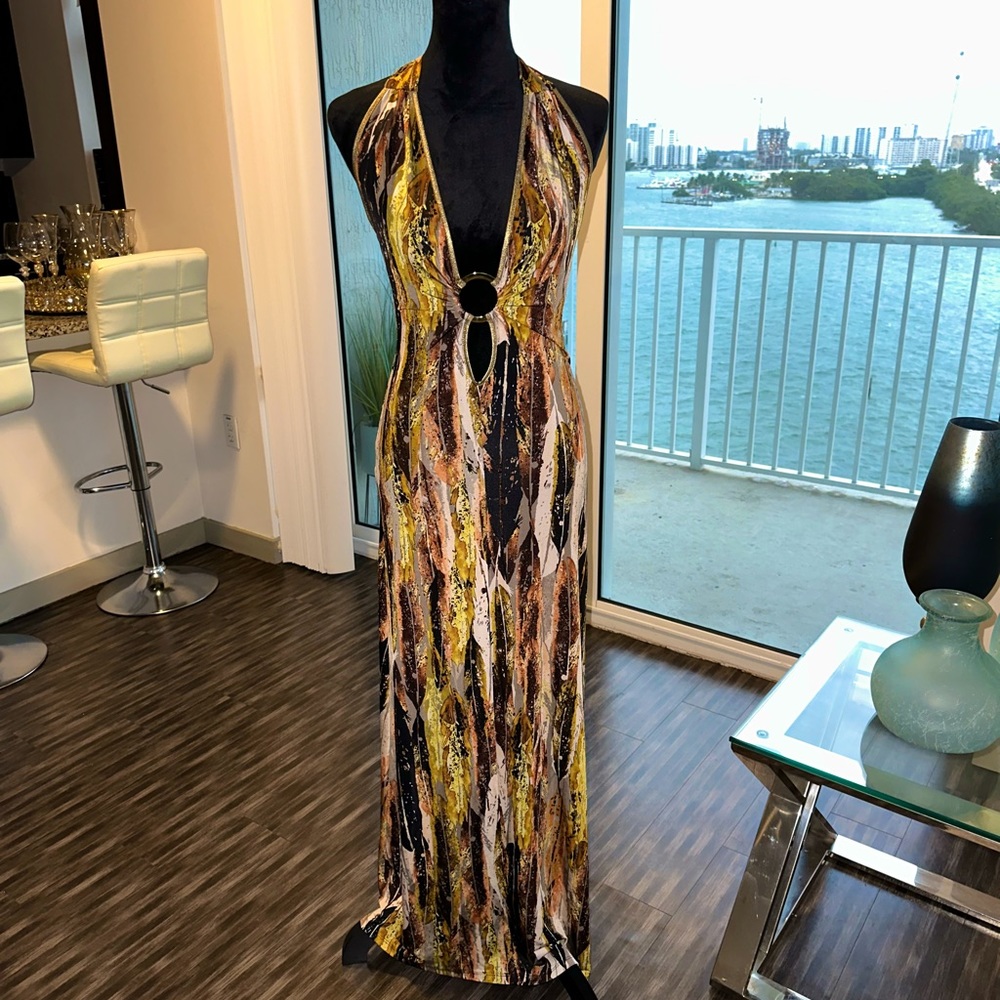 Backless Halter Maxi Dress with Ring Detail - Black, Gold & Brown